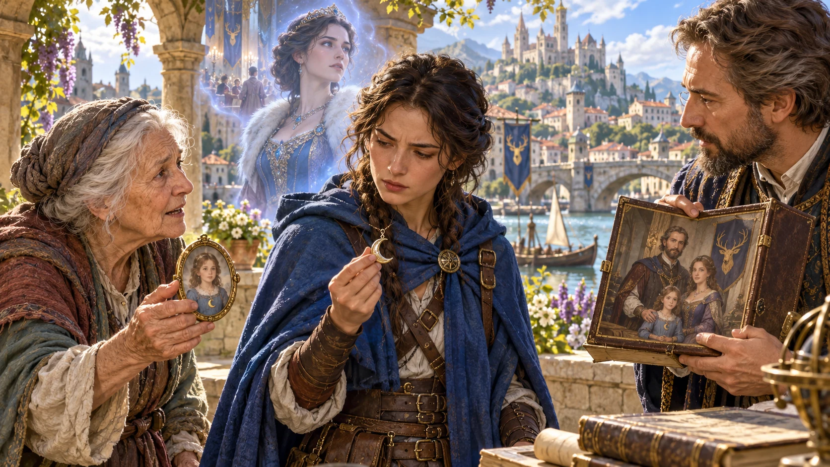 A fantasy traveller compares a pendant, a miniature portrait and a family picture beside witnesses with conflicting memories.