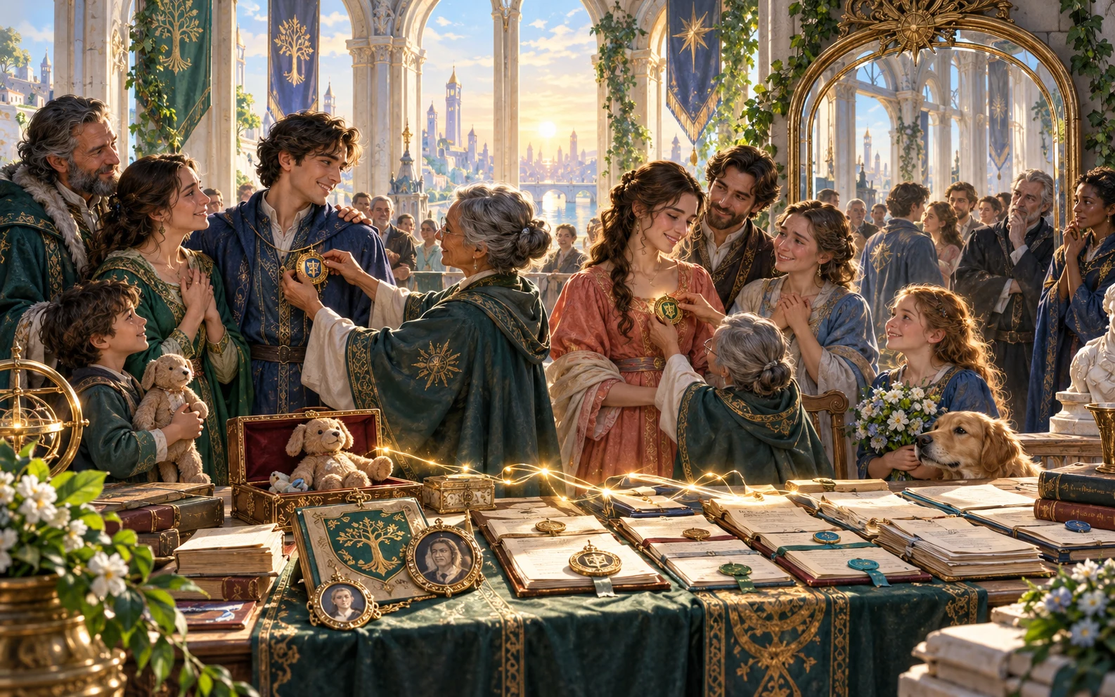 Fantasy families share portraits, keepsakes and identity records in a bright hall after a restoration scene.