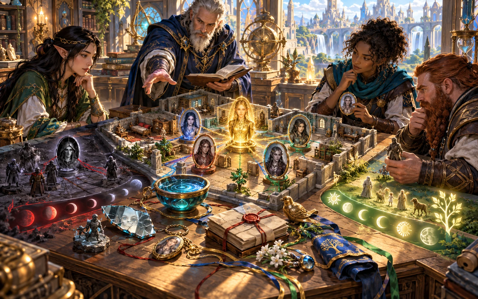 A fantasy guide and companions connect portraits, documents and keepsakes across an illustrated tabletop truth and clue map.